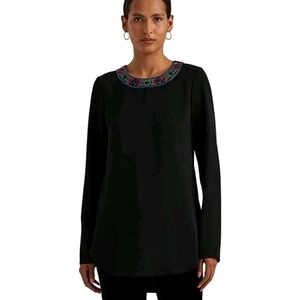 Lauren Ralph Lauren NWT Sz XL Georgette Black Blouse Top Beaded Collar